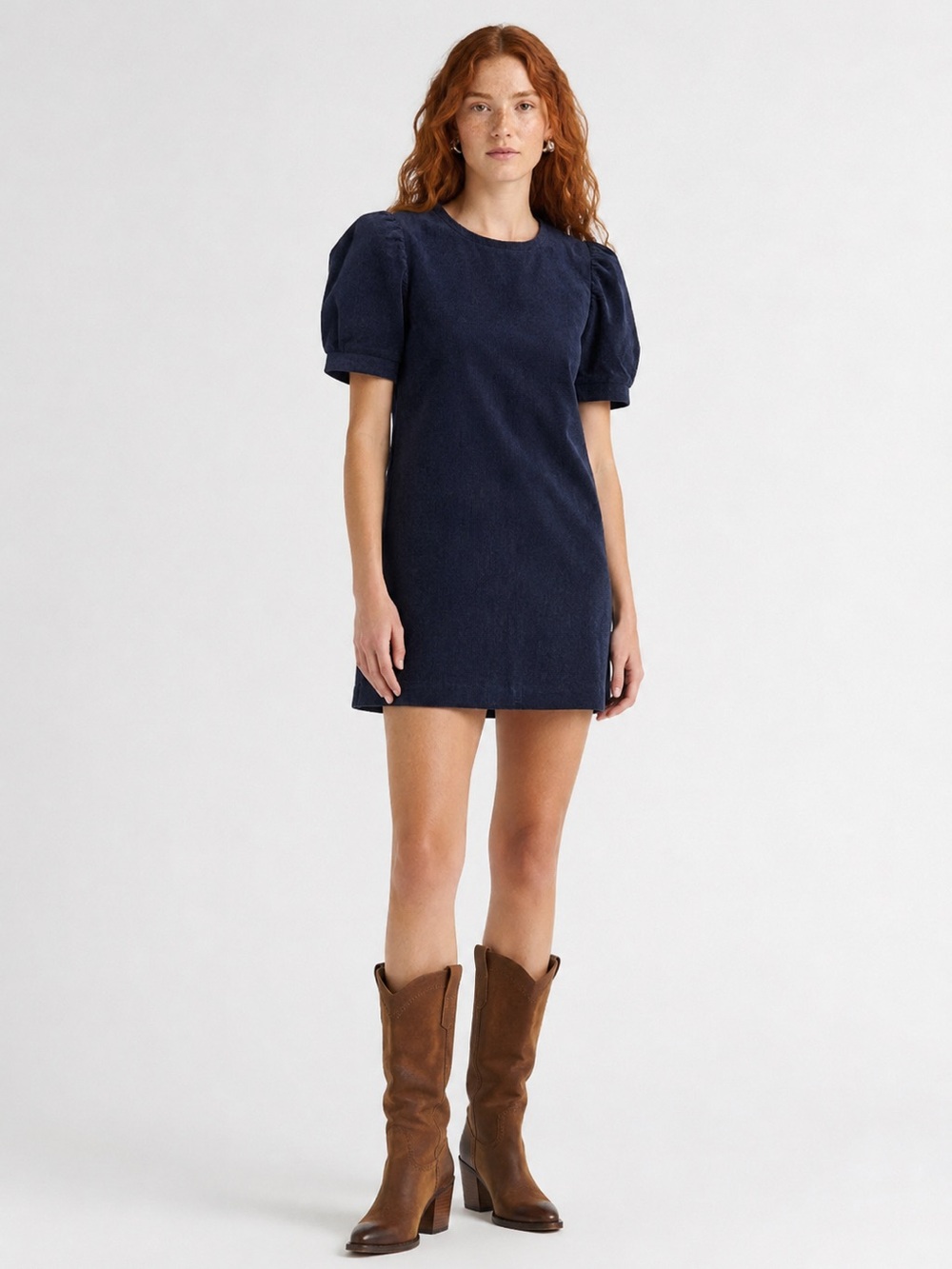 Molly Bracken Short Fine-Wale Corduroy Puff Sleeve Dress Navy Blue Size S NWT